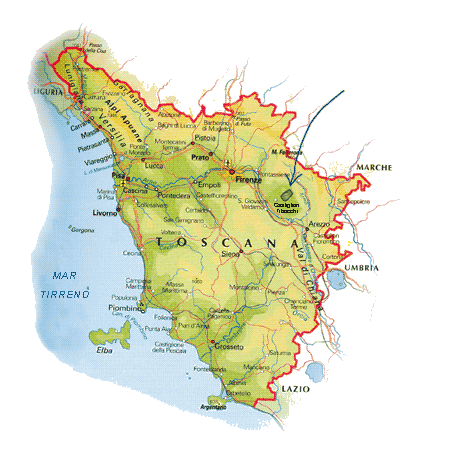 Karte der italienischen Region Toskana, auf der das Anbaugebiet der Fattoria La Vialla in Castiglion Fibocchi (Arezzo) hervorgehoben ist.
