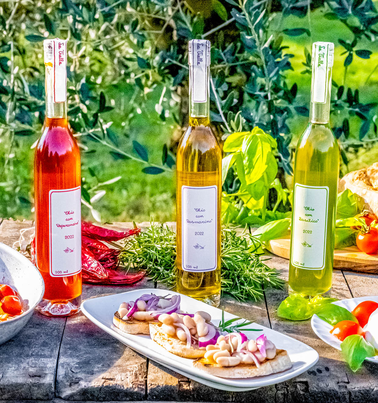 Die Olivenöle Extravergine mit Chilischote, Rosmarin, Basilikum
