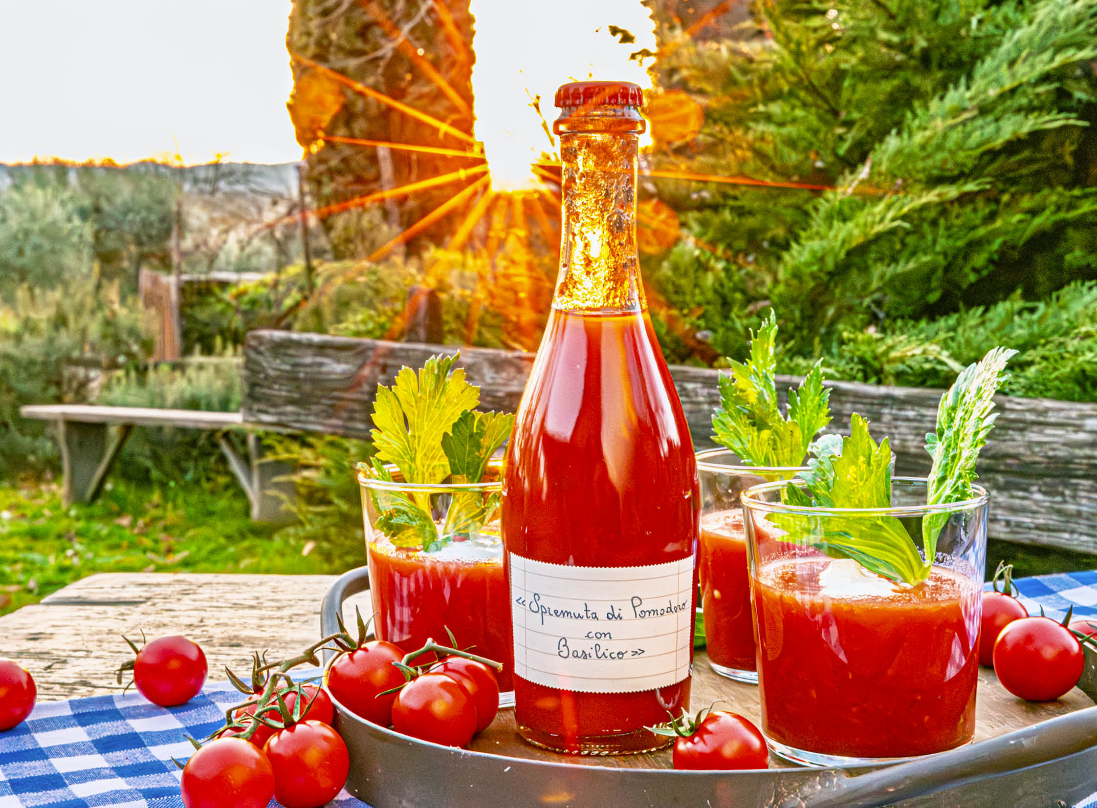 Frisch gepresster Tomatensaft mit Basilikum