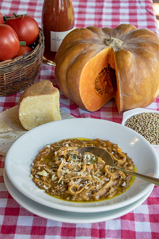 Fettuccine di riso integrale con lenticchie, pomodoro e zucca | La Vialla