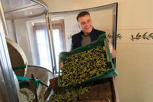 Salvatore tips olives between the millstones