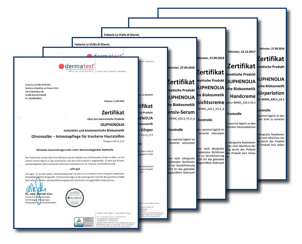 Die von dermatest ausgestellten Zertifikate für die biologisch-biodynamische Hautpflege von La Vialla
