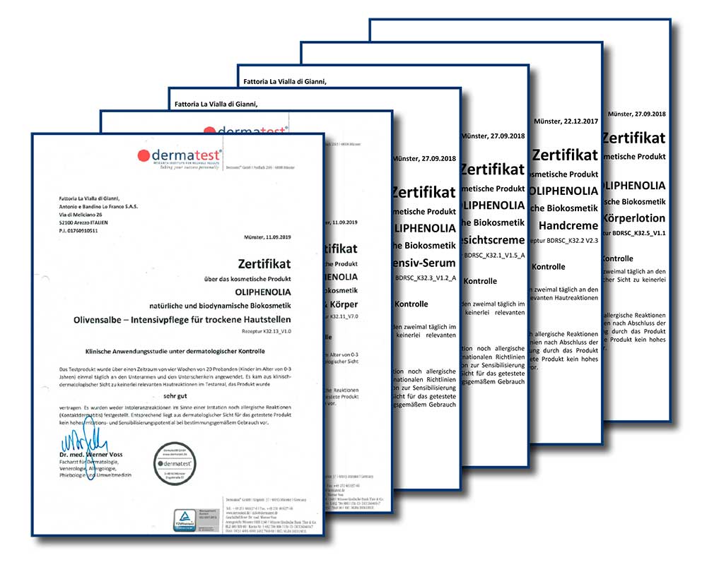 Die von dermatest ausgestellten Zertifikate für die biologisch-biodynamische Hautpflege von La Vialla
