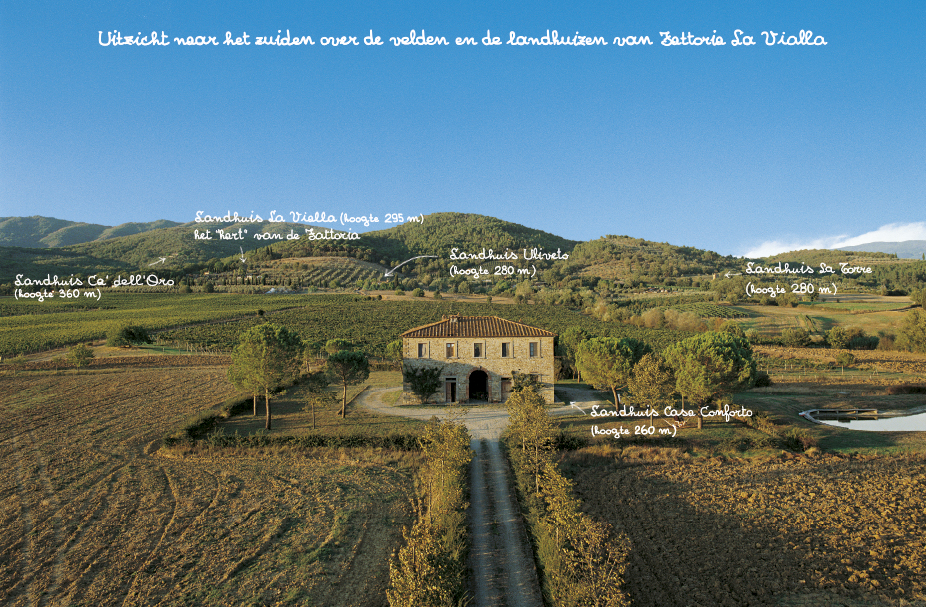 Panorama van Fattoria La Vialla, een biologisch-biodynamisch familielandbouwbedrijf en de wijngaarden en de velden er omheen
