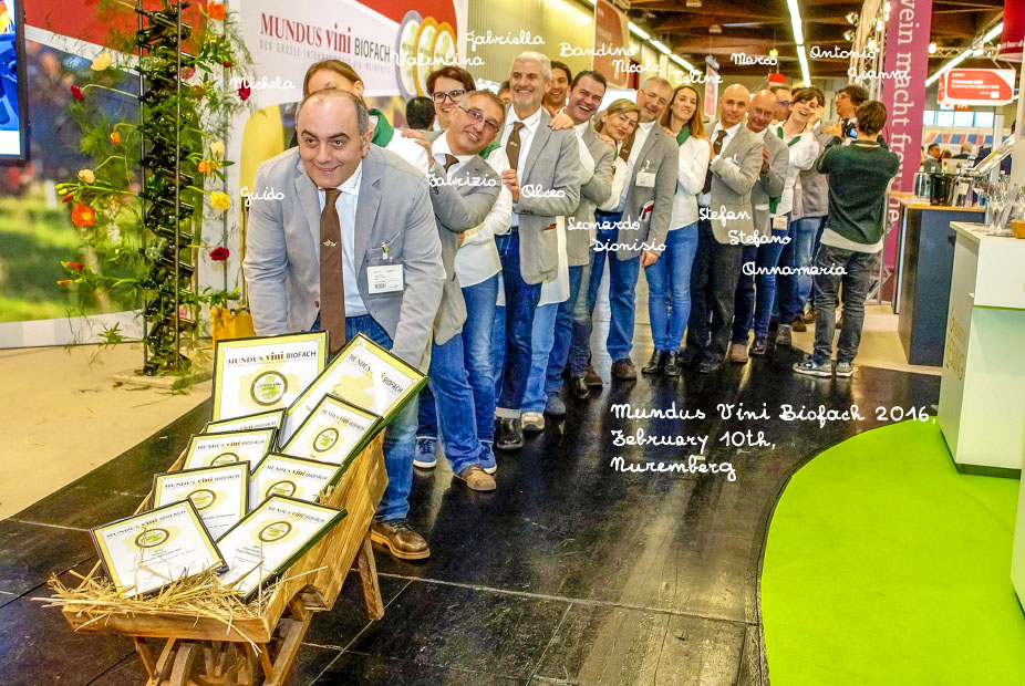 The “banda” from the Fattoria celebrates after being named “Organic Producer of the Year” at the Mundus Vini Biofach